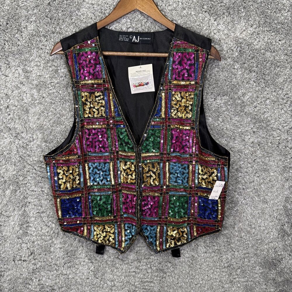 Vintage NWT Silk Blend Sequin Waist Coat Vest Sleeveless Large Colorful Boho